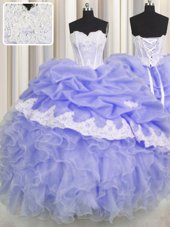 Captivating Lavender Sleeveless Floor Length Beading and Appliques and Ruffles and Pick Ups Lace Up 15th Birthday Dress