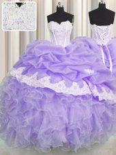 Great Lavender Sleeveless Beading and Appliques and Ruffles and Pick Ups Floor Length Quince Ball Gowns