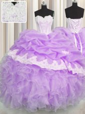 Fancy Lavender Lace Up Sweetheart Beading and Appliques and Ruffles and Pick Ups Quince Ball Gowns Organza Sleeveless