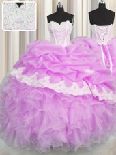 Designer Lilac Ball Gowns Sweetheart Sleeveless Organza Floor Length Lace Up Beading and Appliques and Ruffles and Pick Ups Sweet 16 Dress