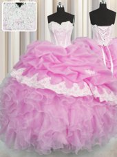 Best Selling Pink Ball Gowns Sweetheart Sleeveless Organza Floor Length Lace Up Beading and Appliques and Ruffles and Pick Ups 15th Birthday Dress