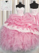 Flirting Organza Sleeveless Floor Length Sweet 16 Dress and Beading and Appliques and Ruffles and Pick Ups