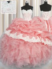Fabulous Watermelon Red and Baby Pink Sleeveless Appliques and Ruffles and Pick Ups Floor Length Ball Gown Prom Dress