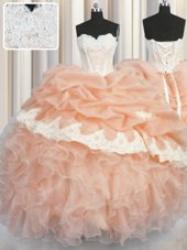 Affordable Pick Ups Ball Gowns Sweet 16 Dress Peach Sweetheart Organza Sleeveless Floor Length Lace Up