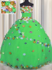 Tulle Strapless Sleeveless Lace Up Hand Made Flower Quinceanera Dress in Green