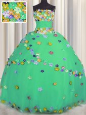 Dazzling Turquoise Strapless Lace Up Hand Made Flower 15th Birthday Dress Sleeveless