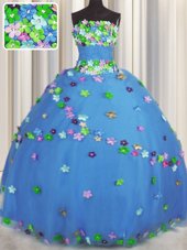 Eye-catching Blue Quinceanera Gowns Military Ball and Sweet 16 and Quinceanera and For with Hand Made Flower Strapless Sleeveless Lace Up