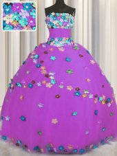 Suitable Purple Tulle Lace Up Strapless Sleeveless Floor Length Sweet 16 Dress Hand Made Flower