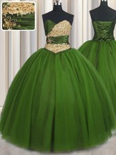 Flirting Beading and Ruching and Belt 15th Birthday Dress Green Lace Up Sleeveless Floor Length