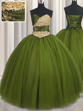 Cute Floor Length Olive Green Quince Ball Gowns Sweetheart Sleeveless Lace Up