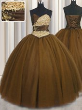 High Class Brown Sweetheart Neckline Beading and Appliques and Ruching and Belt Ball Gown Prom Dress Sleeveless Lace Up