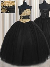 Lovely Floor Length Black Quinceanera Dresses Tulle Sleeveless Beading and Appliques and Ruching and Belt