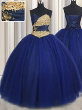 Trendy Floor Length Ball Gowns Sleeveless Navy Blue Quince Ball Gowns Lace Up