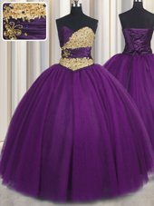Spectacular Purple Ball Gowns Sweetheart Sleeveless Tulle Floor Length Lace Up Beading and Appliques Sweet 16 Dress