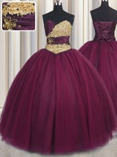 Traditional Fuchsia Ball Gowns Tulle Sweetheart Sleeveless Beading and Appliques Floor Length Lace Up Quince Ball Gowns