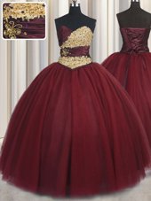 Graceful Floor Length Wine Red Sweet 16 Dresses Tulle Sleeveless Beading and Appliques