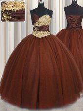 Flirting Sleeveless Tulle Floor Length Lace Up Quinceanera Dresses in Burgundy for with Beading and Appliques