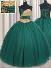 Nice Peacock Green Sleeveless Floor Length Beading and Appliques Lace Up Sweet 16 Quinceanera Dress