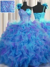 Artistic Handcrafted Flower One Shoulder Sleeveless Sweet 16 Dresses Floor Length Beading and Ruffles and Hand Made Flower Multi-color Tulle