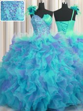 Beauteous Handcrafted Flower Multi-color Quinceanera Dresses Military Ball and Sweet 16 and Quinceanera and For with Beading and Ruffles and Hand Made Flower One Shoulder Sleeveless Lace Up