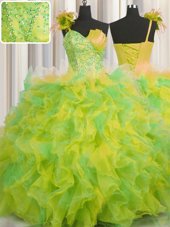 Trendy One Shoulder Handcrafted Flower Multi-color Sleeveless Tulle Lace Up Quinceanera Dress for Military Ball and Sweet 16 and Quinceanera