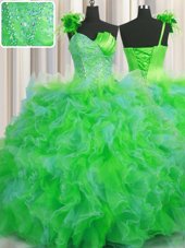 Customized Handcrafted Flower Multi-color Lace Up One Shoulder Beading and Ruffles and Hand Made Flower 15 Quinceanera Dress Tulle Sleeveless