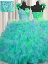 Custom Design Handcrafted Flower Multi-color Tulle Lace Up One Shoulder Sleeveless Floor Length Quince Ball Gowns Beading and Ruffles and Hand Made Flower