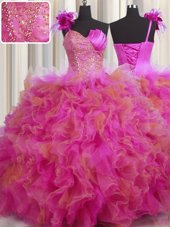 Glittering One Shoulder Handcrafted Flower Multi-color Sleeveless Tulle Lace Up Quinceanera Gowns for Military Ball and Sweet 16 and Quinceanera