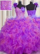 Custom Designed Handcrafted Flower One Shoulder Sleeveless Quinceanera Dress Floor Length Beading and Ruffles and Hand Made Flower Multi-color Tulle