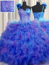 Captivating One Shoulder Handcrafted Flower Floor Length Lace Up Quince Ball Gowns Multi-color and In for Military Ball and Sweet 16 and Quinceanera with Beading and Ruffles and Hand Made Flower