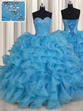 Modern Sleeveless Organza Floor Length Lace Up Quince Ball Gowns in Baby Blue for with Beading and Ruffles