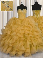 Deluxe Gold Sweetheart Lace Up Beading and Ruffles Sweet 16 Dresses Sleeveless