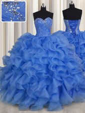 Fancy Aqua Blue Organza Lace Up Sweetheart Sleeveless Floor Length Quinceanera Dresses Beading and Ruffles