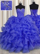 Fashionable Royal Blue Organza Lace Up Sweetheart Sleeveless Floor Length Quinceanera Gowns Beading and Ruffles