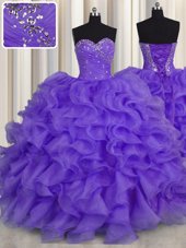 Customized Sweetheart Sleeveless Organza Quinceanera Gown Beading and Ruffles Lace Up