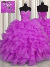 Best Floor Length Lace Up 15th Birthday Dress Purple and In for Military Ball and Sweet 16 and Quinceanera with Beading and Ruffles