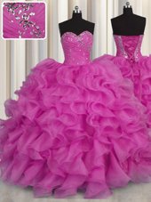Pretty Sleeveless Floor Length Beading and Ruffles Lace Up Quinceanera Dresses with Fuchsia