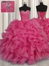 Floor Length Ball Gowns Sleeveless Hot Pink Quinceanera Gowns Lace Up