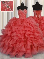 Romantic Coral Red Ball Gowns Sweetheart Sleeveless Organza Floor Length Lace Up Beading and Ruffles 15th Birthday Dress