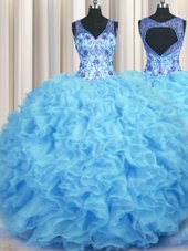 Best V Neck Baby Blue Vestidos de Quinceanera Military Ball and Sweet 16 and Quinceanera and For with Beading and Appliques and Ruffles V-neck Sleeveless Zipper