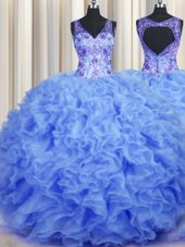 V Neck Blue Zipper Quinceanera Gown Beading and Appliques and Ruffles Sleeveless Floor Length