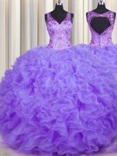 Modern V Neck Lavender Organza Backless V-neck Sleeveless Floor Length Sweet 16 Dress Beading and Appliques and Ruffles