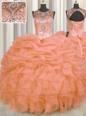 Elegant See Through Scoop Sleeveless Quinceanera Gown Floor Length Beading and Ruffles and Pick Ups Orange Organza