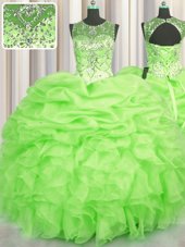 Trendy See Through Scoop Sleeveless Lace Up Sweet 16 Dress Yellow Green Organza