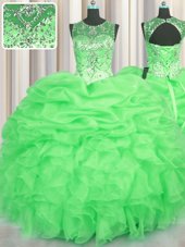 Ideal See Through Lace Up Quinceanera Dress Beading and Ruffles and Pick Ups Sleeveless Floor Length