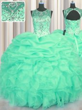 Luxurious Scoop See Through Turquoise Sleeveless Beading and Ruffles and Pick Ups Floor Length Sweet 16 Quinceanera Dress