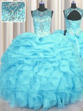 Discount Scoop See Through Beading and Ruffles and Pick Ups 15 Quinceanera Dress Aqua Blue Lace Up Sleeveless Floor Length