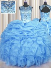 Lovely See Through Light Blue Lace Up Quinceanera Dress Beading and Ruffles and Pick Ups Sleeveless Floor Length