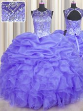 Stunning See Through Lavender Sleeveless Floor Length Beading and Ruffles and Pick Ups Lace Up Vestidos de Quinceanera
