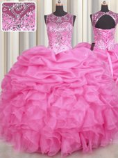 Spectacular Scoop See Through Rose Pink Ball Gowns Beading and Ruffles and Pick Ups 15 Quinceanera Dress Lace Up Organza Sleeveless Floor Length
